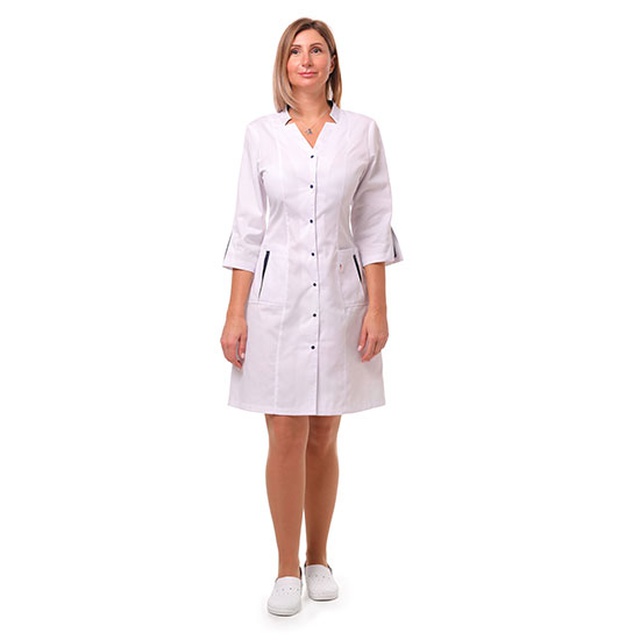 Купити халат медичний жіночий "Генуя" білого кольору з червоними вставками, Topline (Україна) на сайті orto-med.com.ua